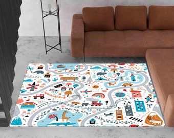 Personalizable Kids Rug, City Road Rug, Nursery Rug, World Road Rug, Washable, Non-slip Play Mat, Metropolis City Play Rug, Kinderkarten