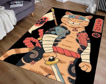 Japanese Cat Rug, Anime Rugs, Fantastic Rugs, Japanese Rug, Colorful Rug, Kitchen Rug, Modern Rug, Bedroom Rugs, Area Rug, Anime Cat Rug,1