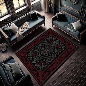 Elegant Gothic Rug with Red and Black Baroque Floral Patterns, Dark Romantic Carpet for Living Room and Bedroom image 2