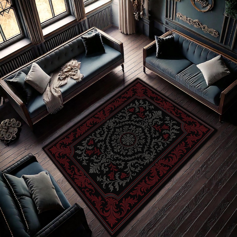 Elegant Gothic Rug with Red and Black Baroque Floral Patterns, Dark Romantic Carpet for Living Room and Bedroom image 2
