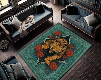 Leopard Floral Rug – Fierce Jungle Cat Carpet with Red Flowers, Wild Animal Area Rug, Safari Leopard Lover Gift, Bold Living Room Decor