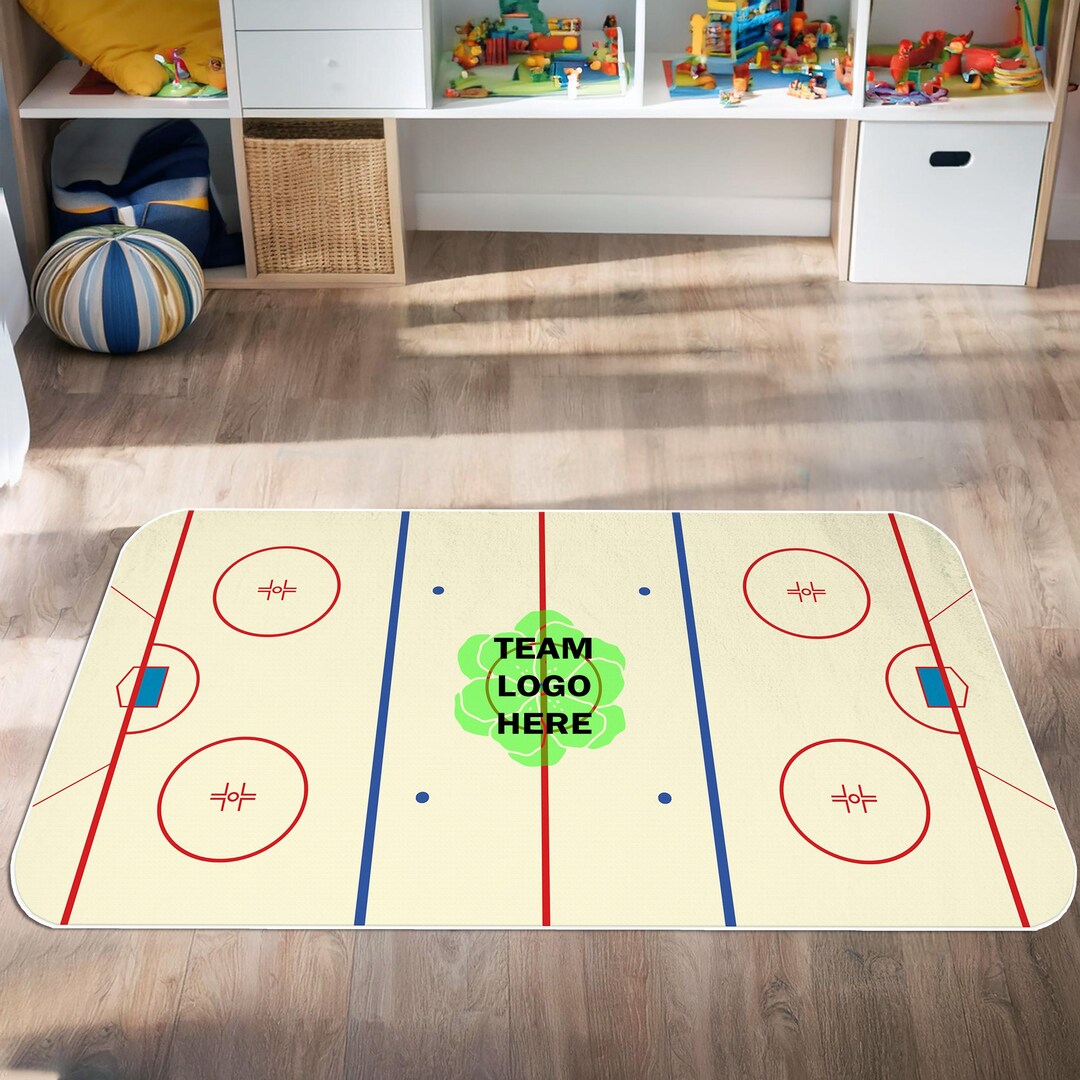 Rinkle Rugs Ice Hockey Rink Printed Area Rug With Custom Team Logo, Washable Ice ...