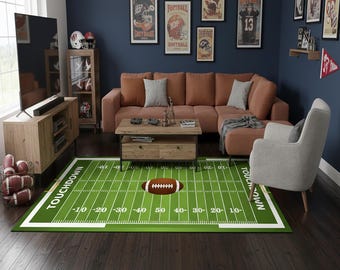 American Football Field Rug – Green Touchdown Turf Carpet, Gridiron Yard Line Sports Floor Mat, Custom Name or Logo Personalization Option