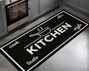 Kitchen Black Runner Rug – Minimalist Cooking Themed Mat with Pan Graphic, Modern Non-Slip Washable Floor Decor for Stylish Kitchens