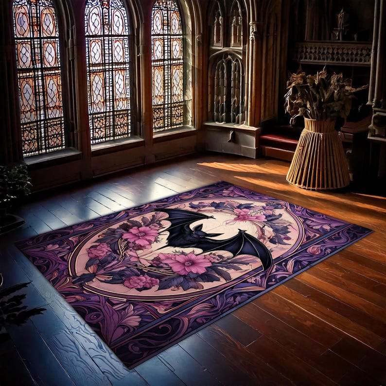 Bat Rug For Gothic Room Decor, Dark Academia Bat In Flowers Rug, Bat Decor, Spooky Room Decor\ Witchy Room Decor, Vintage Rug, Halloween Rug image 4