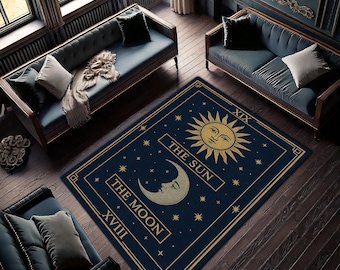 Tarot Sun and Moon Rug with Celestial Symbols, Mystical Astrology Carpet, Boho Gothic Living Room Area Decor