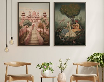 Set of 2 Indian Folk Art Mughal Print Architecture Mughal Art Living Room Decor Muted Tones Instant Download