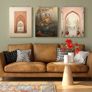 Set of 3 Indian Folk Art Mughal Print Arch Gallery Wall Pichwai Painting Instant Home Decor Download