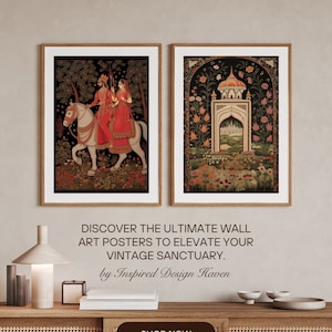 Set of 2 Indian Folk Art Mughal Pichwai Black Red Living Room Dark Tones Instant Download