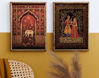 Set of 2 Indian Folk Art Mughal Print Pichwai Vintage Living Room Decor Dark Tones Instant Download