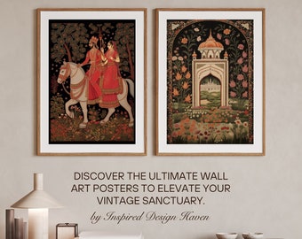 May include: Two framed vintage Indian art prints. The first print features a couple riding a white horse through a lush green forest. The second print features a white building with a dome and a garden with colorful flowers.