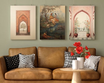 Set of 3 Indian Folk Art Mughal Print Arch Gallery Wall Pichwai Painting Instant Home Decor Download