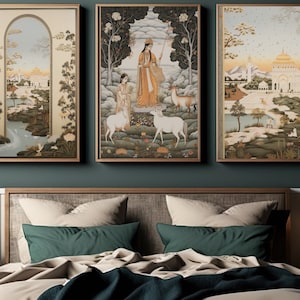 3er Set Indische Volkskunst Mughal Print Arch Galerie Wand Pichwai Gemälde Vintage indische Wandkunst