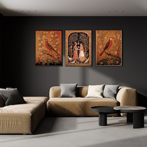 Set of 3 Indian Folk Art Prints Mughal Vintage Living Room Decor Bird Art Instant Download