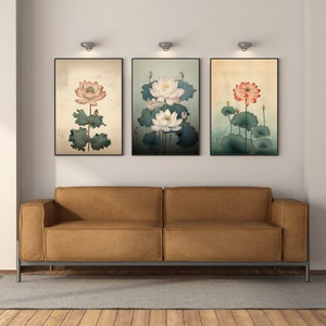 Indian Floral Art Prints Set of 3 Lotus Vintage Painting Instant Download Home Decor Gallery Wall