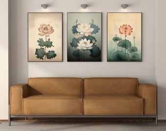Indian Floral Art Prints Set of 3 Lotus Vintage Painting Instant Download Home Decor Gallery Wall