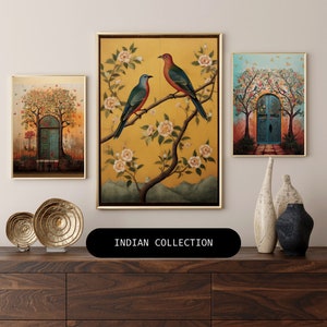 Set of 3 Indian Art Bird Print Gallery Wall Pichwai Painting Colorful Indian Wall Art