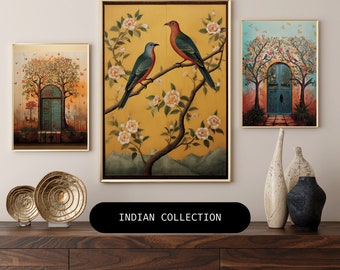 Set of 3 Indian Art Bird Print Gallery Wall Pichwai Painting Colorful Indian Wall Art