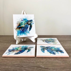 Coasters, Watercolor turtle art, ceramic tile, Nautical gifts, Coastal gifts under 20, Coastal home decor, Paintings of sea turtles