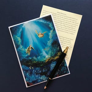 Loggerhead sea turtles, coral reef, turtle art, coastal stationary, sea turtle greeting cards, underwater enthusiasts