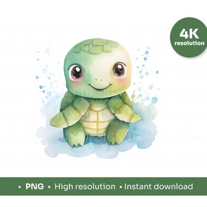 May include: A watercolor illustration of a cute green turtle with big eyes and a smile. The turtle is sitting on a blue and white watercolor background.