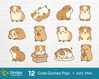 Süße Meerschweinchen Clipart Bundle SVG PNG - 12 Kawaii Haustier Designs - Nagetier PNG, lustige Tier Schnittdateien für Cricut & Silhouette