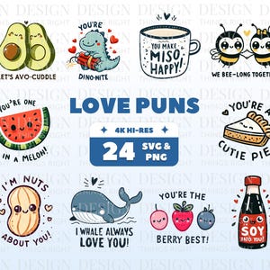 Love Puns Digital Download SVG, PNG - Ilustrações fofas de trocadilhos com comida e animais para cartões, namorados e aniversário