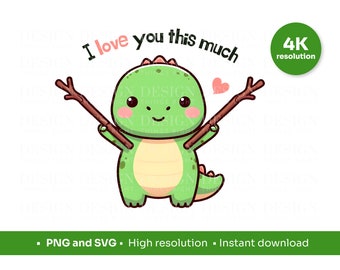 Niedliche T-Rex Valentinstag Illustration - 'I Love You This Much!' | Dinosaurier PNG, SVG | 4K Auflösung, Perfekt für den Valentinstag