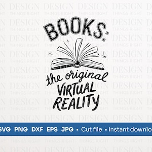 Może przedstawiać: Czarno-biały projekt graficzny z tekstem "BOOKS: the original VIRTUAL REALITY". W projekcie znajduje się otwarta książka z gwiazdą nad nią.