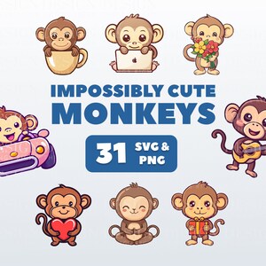 Cute Monkey Clipart Stickers | Kawaii digital stickers | PNG, SVG | Scrapbooking, invitations, cards, planners | Cute baby animals