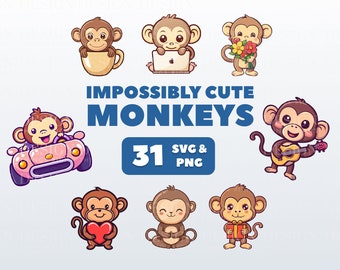 Cute Monkey Clipart Stickers | Kawaii digital stickers | PNG, SVG | Scrapbooking, invitations, cards, planners | Cute baby animals