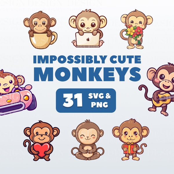 Schattige aap clipart stickers | Kawaii digitale stickers | PNG, SVG | Scrapbooking, uitnodigingen, kaarten, planners | Schattige babydieren