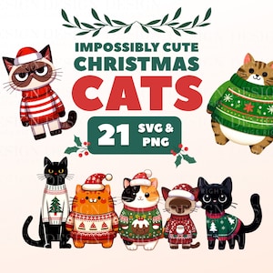 Süße Weihnachts Katzen Clipart Aufkleber | Kawaii digitale Aufkleber | Scrapbooking, Einladungen, Karten, Planer | PNG | Süße lustige Kätzchen