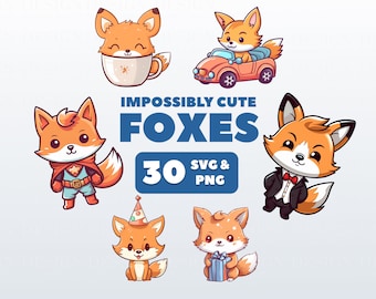 Cute Fox Clipart Stickers | Kawaii digital stickers | Scrapbooking, invitations, cards, planners | PNG and SVG | Cute funny animals