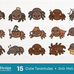 Cute Tarantulas Clipart Bundle SVG PNG – 15 Funny Spider Clipart Set, Kawaii Arachnid PNGs, Hand Drawn Pet Tarantula Cut Files for Cricut