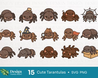 Süße Vogelspinnen Clipart Bundle SVG PNG - 15 lustige Spinne Clipart-Set, Kawaii Spinnentier PNGs, handgezeichnete Haustier Tarantel Schnittdateien für Cricut