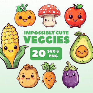 Simpatici adesivi clipart vegetali / adesivi digitali Kawaii / Scrapbooking, inviti, cartoline, pianificatori / PNG e SVG / Simpatiche verdure divertenti
