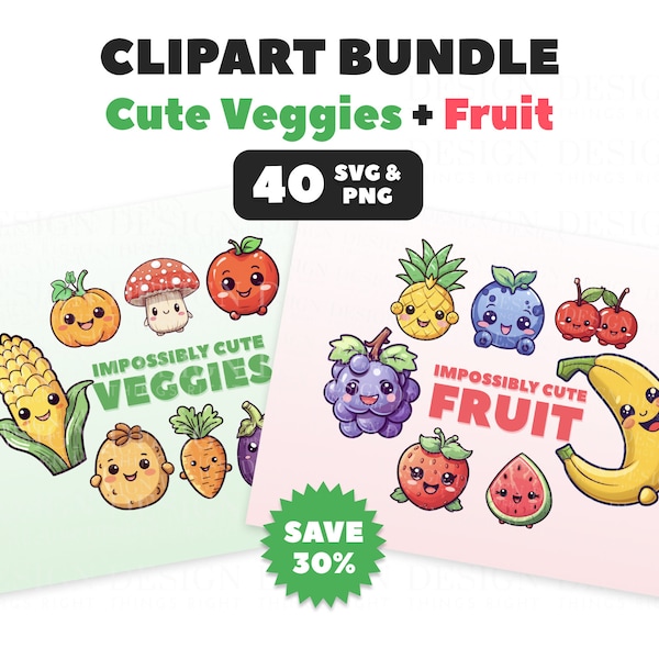 Cute Fruit and Veg Bundle | Clipart Stickers | Kawaii digital stickers | Scrapbooking, invitations, cards, planners | PNG and SVG