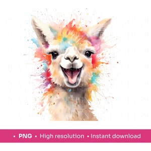 Llama colorida PNG / Imagen de acuarela digital / Llama linda y divertida: imprime en cualquier cosa / Tazas, cuadernos, bolsas de mano, sublimación