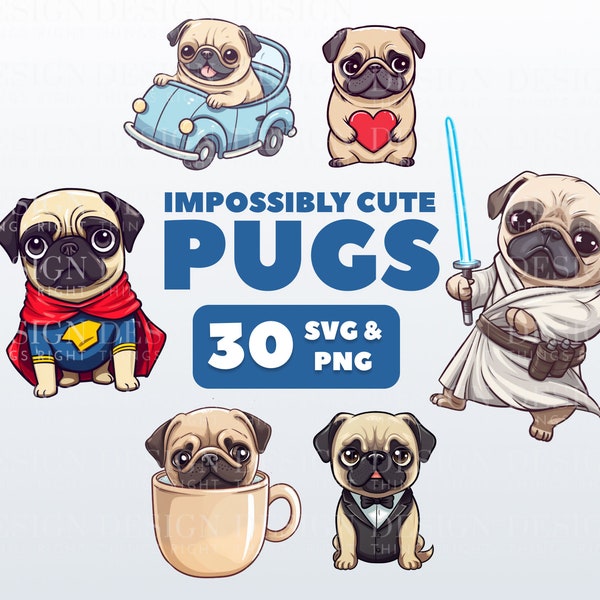 Cute Pug Clipart Stickers | Kawaii digital stickers | Scrapbooking, invitations, cards, planners | PNG | Cute funny dogs