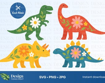 Floral Dinosaurs SVG PNG – T-Rex, Triceratops, Brontosaurus, Stegosaurus | Cute Dinosaur Clipart for Cricut & Silhouette, Cut File