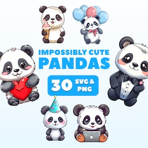 Paquete de imágenes prediseñadas de pandas adorables / 30 archivos SVG PNG de pandas / Panda kawaii para sublimación / Diseños para cumpleaños, amor, tecnología y fiestas