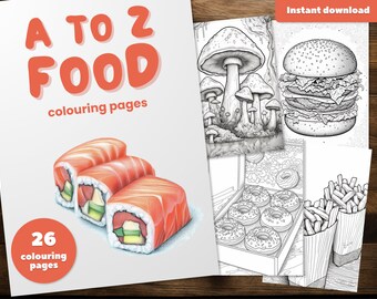 Puede incluir: Un libro para colorear con el título "A to Z Food" y 26 páginas para colorear. La portada presenta una ilustración colorida de rollos de sushi.