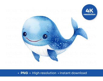 Süßer Wal Aquarell PNG | Freundliche Wal Illustration | Hochauflösender Druck auf alles | Tragetaschen, Tassen, Notebooks, Sublimationsdruck