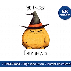 Funny Halloween Cat PNG SVG | No Tricks, Only Treats - Cute Fat Cat | Trick or Treat bag, Halloween Costume, Decor
