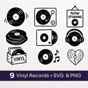 Vinylplaat clipart SVG png | 9 retro muziekclips voor Cricut | Platenspeler | Draaitafel | Nu aan het draaien | Handgetekende stijl