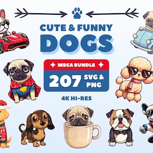 Leuke, grappige honden clipartstickers | Kawaii digitale stickers | Plakboeken, uitnodigingen, kaarten, planners | PNG-svg