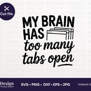 Puede incluir: Diseño digital en blanco y negro con el texto "MY BRAIN HAS too many tabs open". El diseño incluye una ilustración de pestañas del navegador. El diseño también incluye el texto "Cut file".