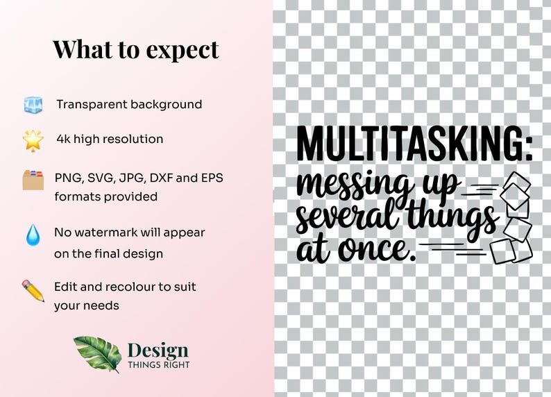 May include: Black and white graphic design with the text "MULTITASKING: messing up several things at once." The text is in a handwritten style with a few lines drawn underneath the words "messing up" and "several things".