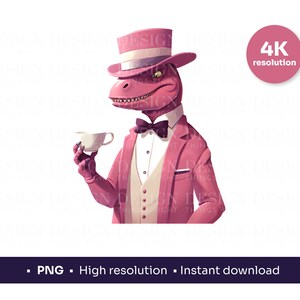 Tea-Rex, T-Rex en traje con té / PNG de alta resolución / Dinosaurio divertido PNG / Imprimir en cualquier cosa / Bolsas de mano, tazas, cuadernos, camisas